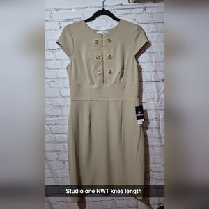 Studio One Tan Pleated Sheath Dress Pleated Darts Size 10 NWT